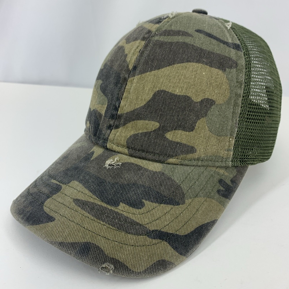 Ponyflo Ponytail Hat Camo Distressed Adjustable OSFM Green Mesh Baseball Cap